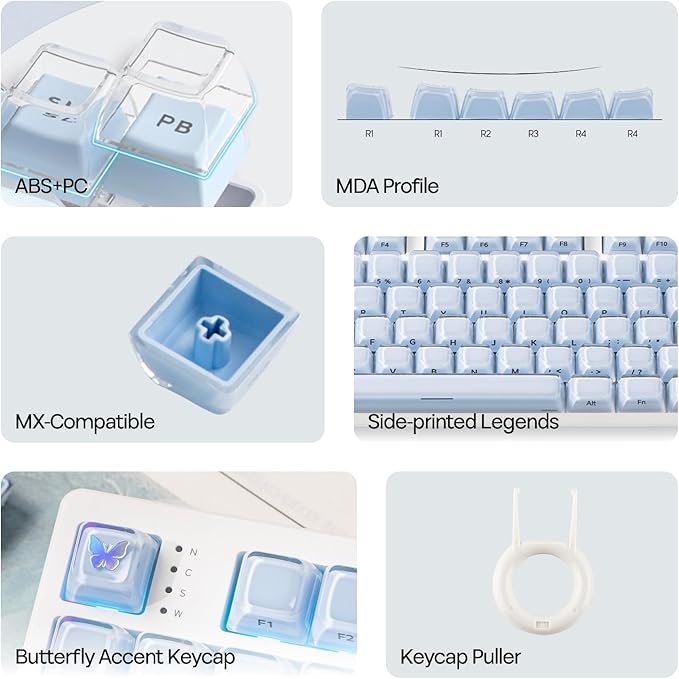 EPOMAKER Lusterfly Jelly Keycaps Set - 123 Keys Double-Shot Laser Engraved, MDA Profile, ABS+PC, Non-Shine-Through, MX-Compatible for 61/68/84/87/98/100/104-Key Mechanical Keyboard (Blue)