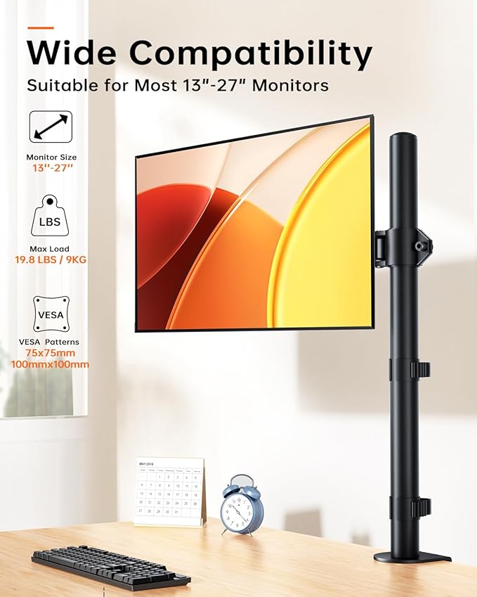 Monitor Arm Desk Mount for 13-27'' Monitors, Single Extra Tall 31.5 Inch Monitor Stand Holds up to 17.6lbs with Swivel, Tilt, Height Adjustable, C-Clamp, 75x75-100x100mm VESA