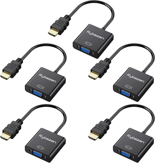 HDMI to VGA Adapter 5 Pack, Gold-Plated HDMI to VGA Converter (Male to Female), Compatible for Computer, Laptop, PC, Monitor, Projector, HDTV, Chromebook, Raspberry Pi, Roku, Xbox and More