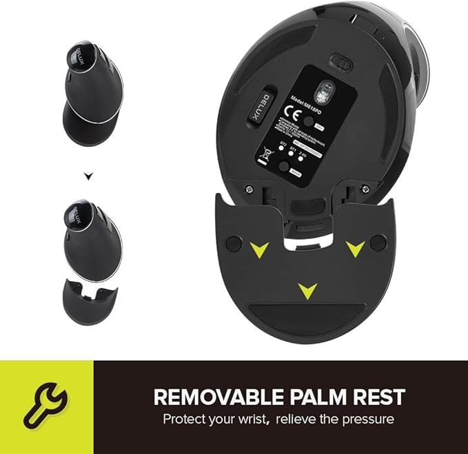DELUX Wireless Ergonomic Vertical Mouse, Rechargeable Ergo Mouse for large Hands, Slient Click, Removable Wrist Rest, Up to 4000 DPI, 6 Buttons,2.4G Dual Mode, Compatible with Laptop/PC (M618PD-Black)