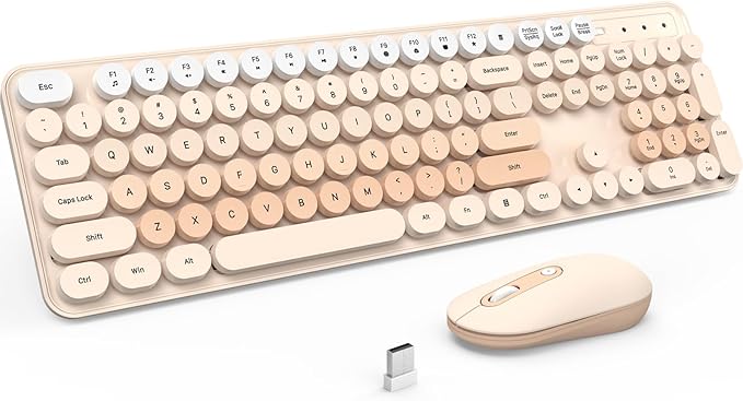 Wireless Keyboard and Mouse, Silent Keyboard Mouse Combo, Full-Sized Colorful Typewriter Keyboard with Round Keycaps, 2.4G Cute Mouse Compatible with PC/Laptop/Computer(Milk Tea)