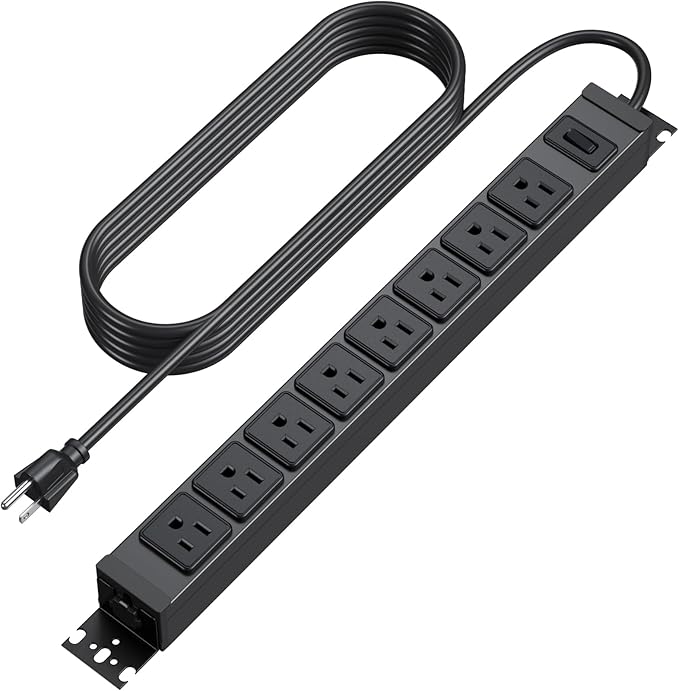 HHSOET Metal 360° Rotating Mountable Power Strip, 8 Outlet Gaming Table Mounted Long Power Strip, Heavy Duty Wall Mount Surge Protector with Switch,1200J,15A 125V 1875W, 15ft Power Cord.(Black)