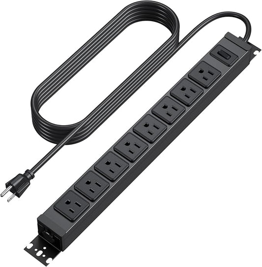 HHSOET Metal 360° Rotating Mountable Power Strip, 8 Outlet Gaming Table Mounted Long Power Strip, Heavy Duty Wall Mount Surge Protector with Switch,1200J,15A 125V 1875W, 15ft Power Cord.(Black)