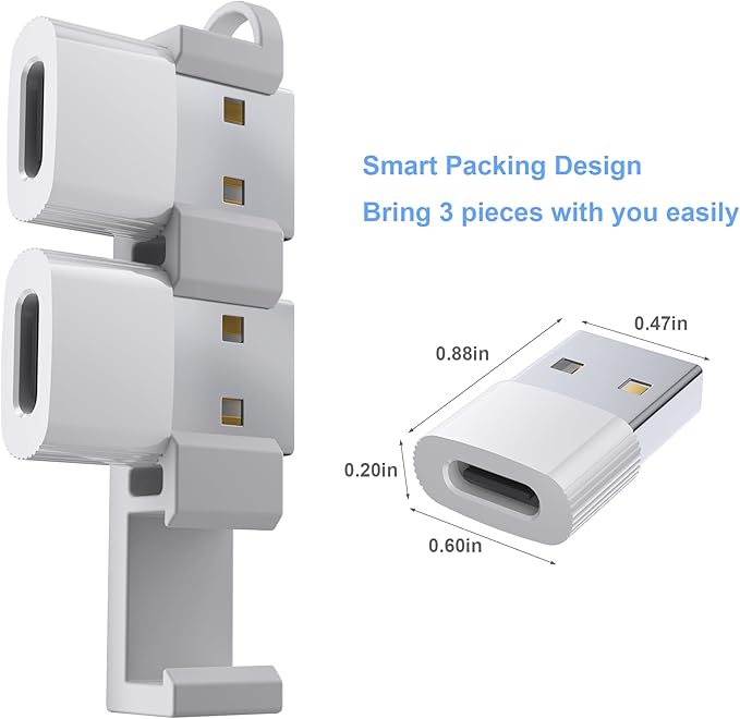 USB to USB C Adapter,3Pack USBC Female to USB A Male with Convenient Carrier, Type C Converter for iPhone 17/16/15/14/13/12, iPad, iWatch, AirPods,Galaxy S25/S24 (White)