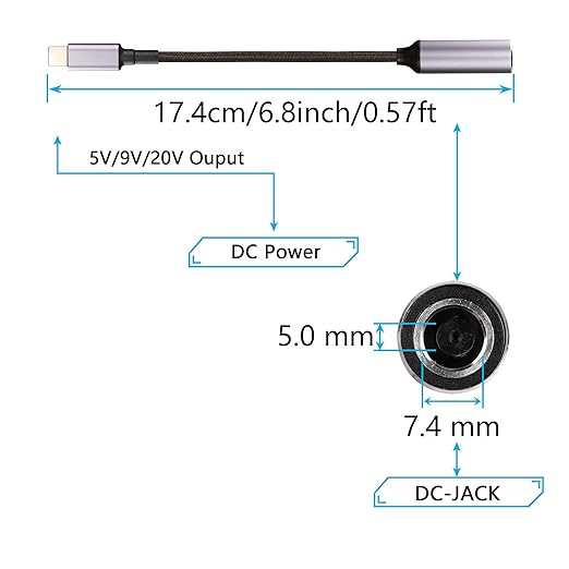SinLoon PD 100W DC 7.4mm x 5.0mm Female(7.4 x 0.6mm) Input to USB Type C Male Power Charging Cable, 100W DC7450 to Type C Cable with PD Automatic Identification Chip,for Phones,Tablets,Laptops(Blue)