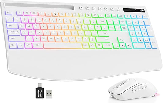 Trueque Wireless Keyboard and Mouse Combo, 4000mAh Rechargeable Backlit Keyboard with Wrist Rest & Phone Holder, Full Size Quiet Typing 2.4G USB-A/Type-C for PC Laptop Windows Mac (White)