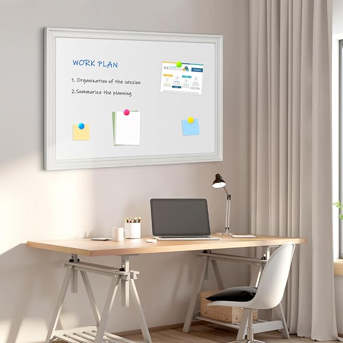 4 THOUGHT Dry Erase Board, 36 x 24 in Magnetic Whiteboard Wood Frame Wall-Mounted White Board Decorative Planner Notice Board for School, Office, Home, 8 Magnets 4 Markers 1 Eraser, White
