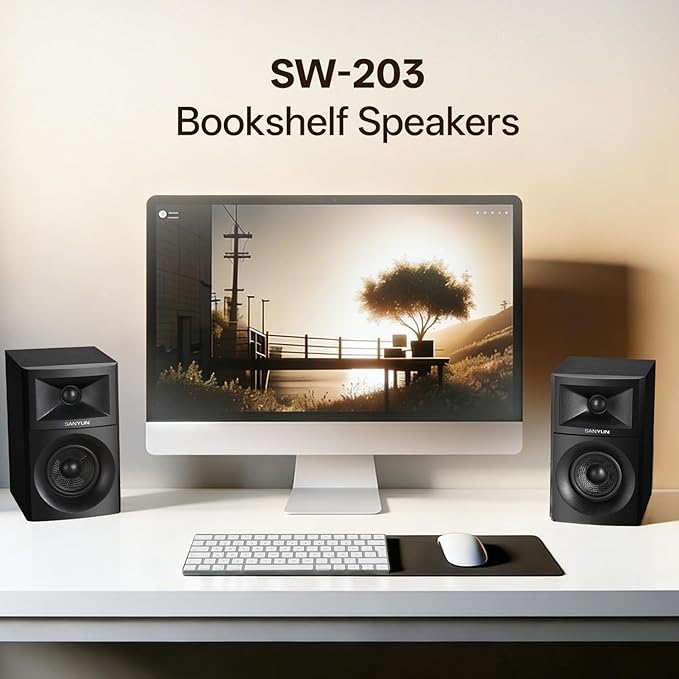 Sanyun SW203 4.0 Computer Speakers - 60W 4-Way DSP Control 3D Immersive Sound - 3" Carbon Fiber Woofer & 20mm Silk Dome Tweeter - 24bit DAC USB/Bluetooth 5.4/AUX - Studio-Grade Audio (Pair, Black)
