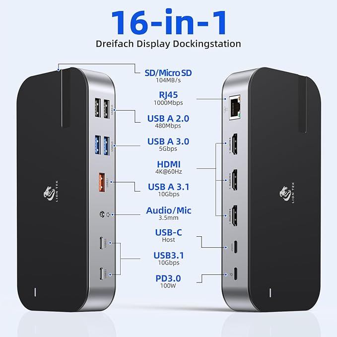 Laptop Docking Station,16 in 1 USB C Docking Triple Monitor,USB C Dock Station with 3 HDMI,PD 100W, USB 3.1/3.0/2.0,RJ 45 Ethernet,microSD/SD Card,Audio for Dell/HP/Lenovo（Exclude Power Adapter