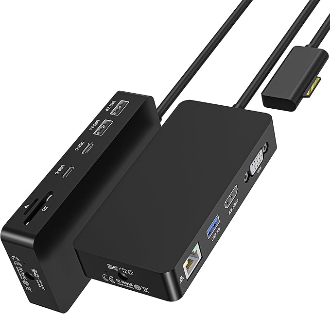 Surface Docking Station, 11-in-1 Dual Monitor 4K@60Hz HDMI +VGA Surface Dock, for Surface Pro 11/10/9/8/X/7/6/5/4, Surface Laptop, Book, Go | 72W Charging, Ethernet, 5Gbps USB