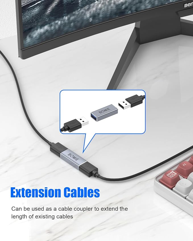 USB Female to Female Adapter 2 Pack,USB 3.0 Type A Female to Female Extension Adapter Connector,5Gbps Data Transfer and Charging for Connecting Extension Two USB-A Male Ends Cable Aluminum Shell Gray