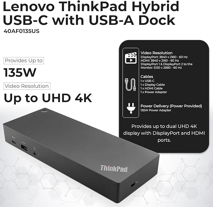 40AF0135US Lenovo Docking Station Dual Monitor Hybrid USB-C with USB-A - 1 Year Warranty, Thinkpad Dock w/ 135W Adapter, ANYHDD HDMI, DisplayPort, USB-C Cables, Cloth - Lenovo Laptop Docking Station