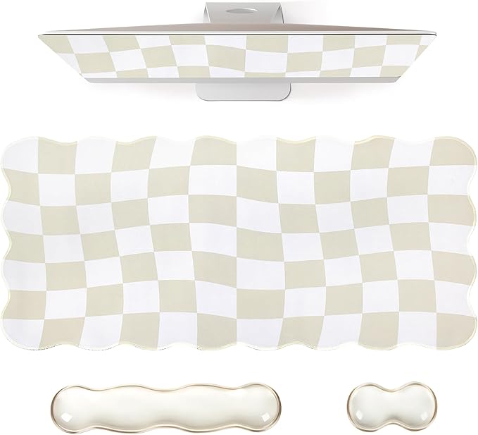 L-SPOUTTO Beige Checkered Mouse Pad Set,Scalloped XXL Desk Mat + Ergonomic Mouse Wrist Rest + Gel Keyboard Wrist Rest for Keyboard 65%/75%,3in1 Large Desk Pad for Desktop Home Office Computer Game