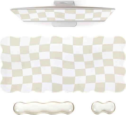 L-SPOUTTO Beige Checkered Mouse Pad Set,Scalloped XXL Desk Mat + Ergonomic Mouse Wrist Rest + Gel Keyboard Wrist Rest for Keyboard 65%/75%,3in1 Large Desk Pad for Desktop Home Office Computer Game