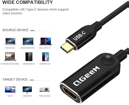 QGeeM USB C to HDMI Adapter 4K Cable, USB Type-C to HDMI Adapter [Thunderbolt 3/4] HDMI for Laptop MacBook Pro/Air, iPhone 15 16 17 Pro max, Dell XPS, Pixelbook, iMac,Thinkpad,Surface,IPad Pro.