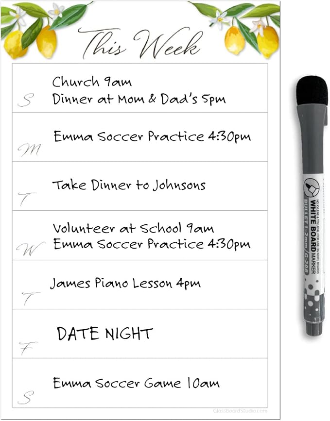 Dry Erase Weekly Calendar Planner Sticker Decal | Removable & Reusable | Magnetic Fine-Tip Marker Included (6 x 9 inches, Lemon Fresh)