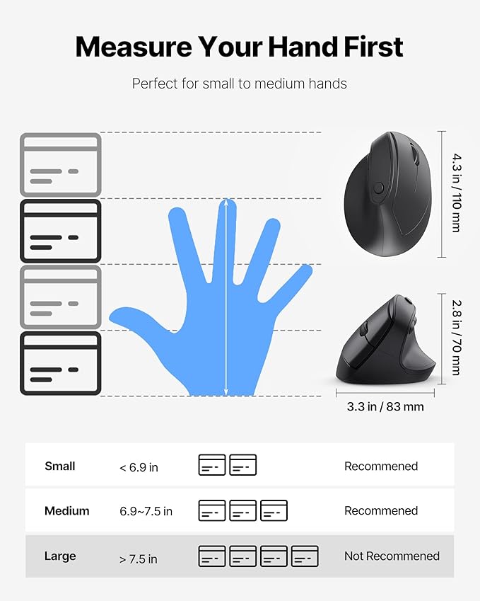 Ergonomic Mouse, USB+Bluetooth Dual Connection, Wireless Vertical Mouse for Reducing Wrist Pain, 1000/1600/2400 DPI, Ergo Mouse with Quiet Click for Windows Mac OS PC Computer Laptop, Black
