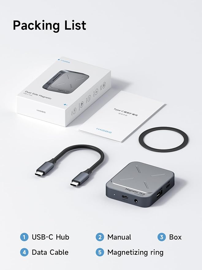 Hagibis Magnetic USB C Hub with Magsafe for iPhone 17 16 15 Pro Max, 7 in 1 Type-C Docking Station 4K@60Hz HDMI SD3.0 TF3.0 Card Solt 100W PD 10Gbps USB-C AUX for MacBook Pro Air, iPad Pro (TC100)