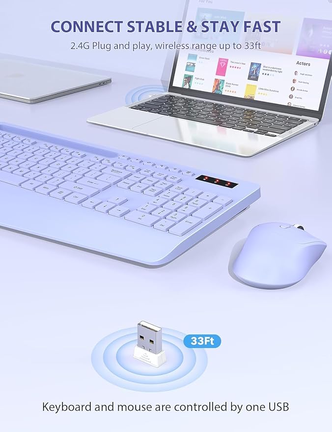 SABLUTE Wireless Keyboard and Mouse, Wrist Rest, Phone Holder, Batteries Included, 2.4G Lag-Free Ergonomic Keyboards Mouse Combo, KM23D Silent Keyboards Set for Computer, Laptop, PC, Windows, Purple