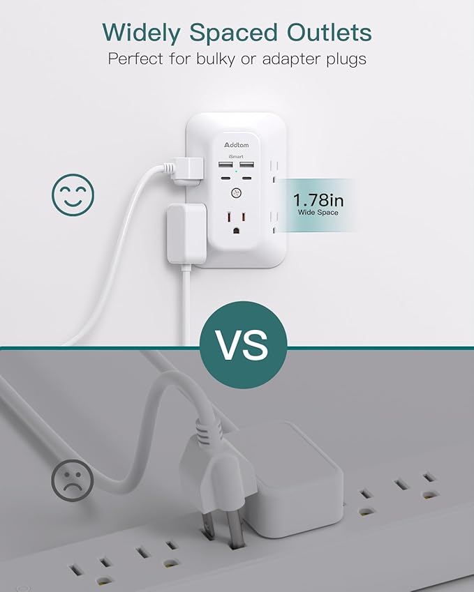 Outlet Extender Surge Protector - Addtam 5-Outlet Splitter with 4 USB Wall Charger(PD 30W), Multi Plug Wall Outlet Power Strip for Home, Dorm Room Essentials