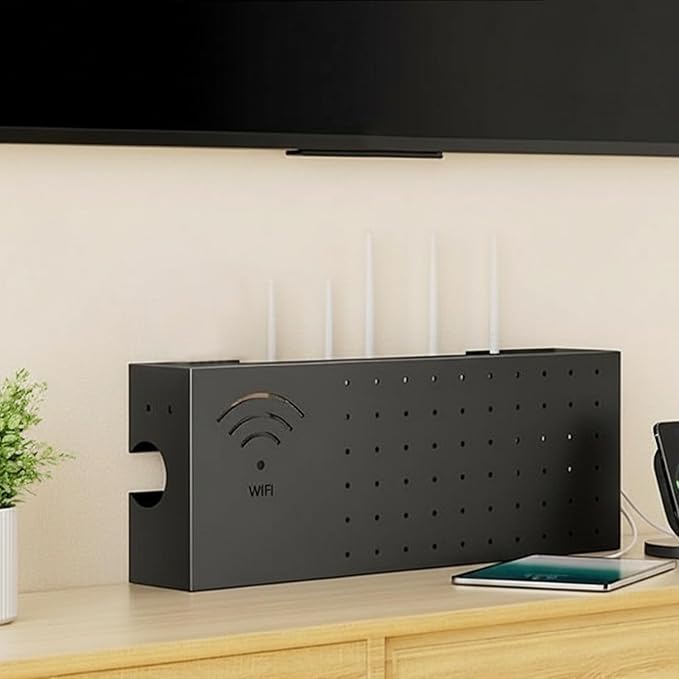 Wifi Box Hider - 1570gMount Organizer, Sleek Home Organization Solution, Carbon Steel Modem | Router Storage Box For Electronics, Network Outlet, Cable Management, TV, Desktop, Living Room, Book Baske