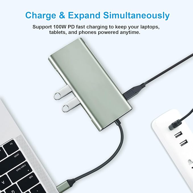 USB C Hub 11-in-1 Docking Station, Type-C Multiport Adapter with 4K HDMI, VGA, 100W PD, USB 3.0, RJ45 Ethernet, SD/TF Card Reader, AUX, Compatible with MacBook Pro/Air, Chromebook, Laptops