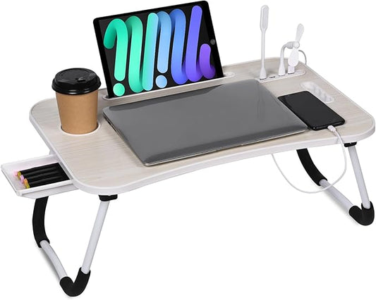 23.6 inch Portable Bed Desk, Folding Lap Desk with 4 USB Ports, Wind Fan, LED Light, Cup Holder and Side Drawer for Working, Reading, Writing, Eating on Bed, Sofa, Floor (White)
