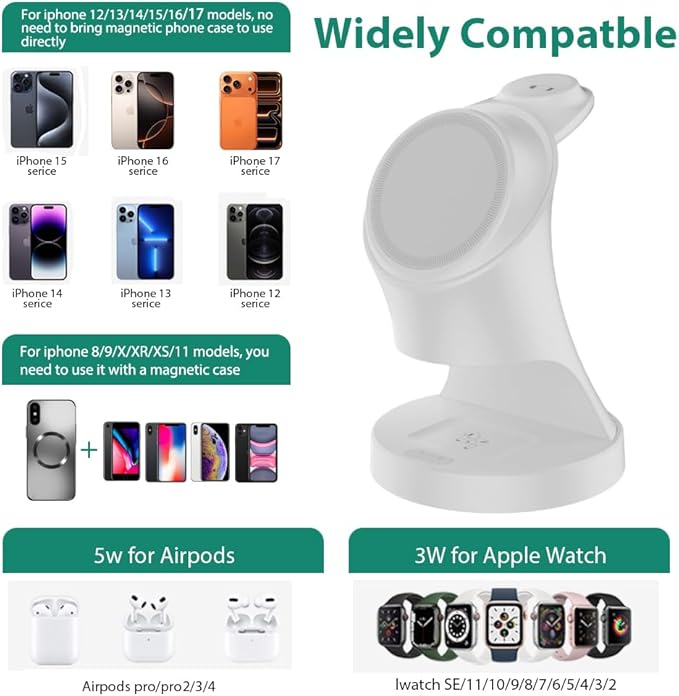 3 in 1 Wireless Charging Station for Apple Devices,Magsafe Charger for IPhone17 16 15 14 13 12 Wireless Charger Station for AirPods 2/3/4/Pro iWatch Ultra/11/10/9/8/7/SE/6/5/4/3/2 (Ivory White)