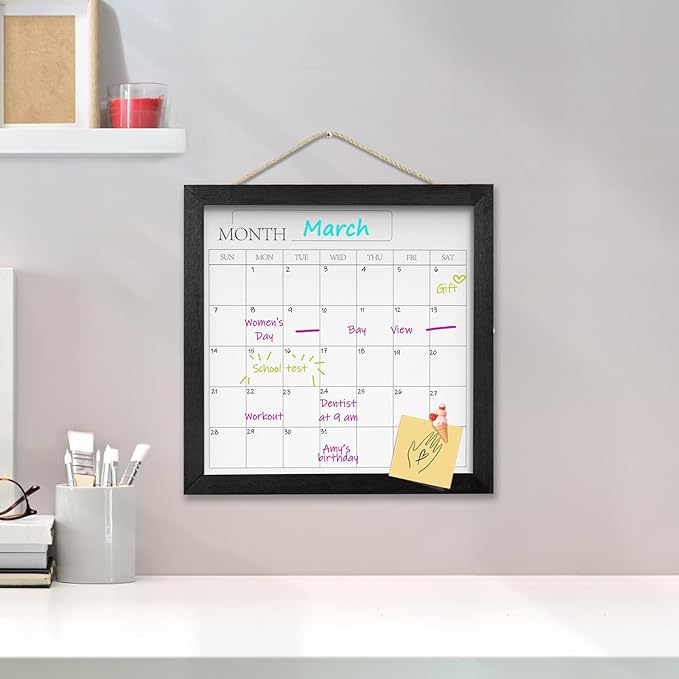 Umtiit Monthly Calendar Dry Erase Whiteboard 11.8 x 11.8 inch(30 x 30 cm), Black Wood Frame, Magnetic Surface Whiteboard for Planning/Schedule/School Timetable/Memo(YLBB-3030BK,US)