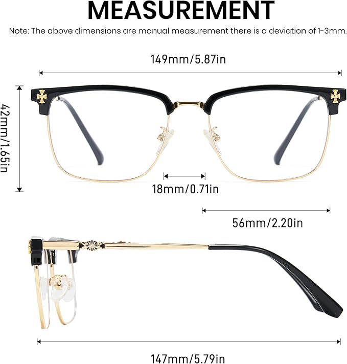 Cyxus Retro Blue Light Glasses Men - Square TR90 Metal Blowline Frame Stylish Trendy for Computer Daily Work 8252
