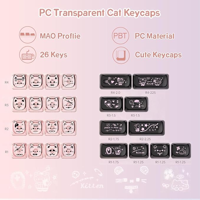 26 Keys Crystal Jelly Personalized Keycaps, PC Material Cute Black Pink Cat Transparent Custom Keycaps, Mao Profile Keycap for DIY MX Swithes Mechanical Keyboards