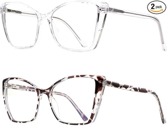 2 Pack Blue Light Blocking Glasses for Women, Oversized Trendy Cat Eye Computer Gaming Glasses Anti Glare & UV Glare RF6204 (Clear + Leopard Cateye Frame)