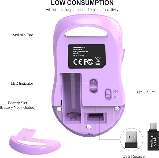 WisFox 2.4G Wireless Mouse for Laptop, Ergonomic Computer Mouse with USB Receiver and Type-C Adapter, 3 Adjustable Levels DPI, 6 Button Cordless Wireless Mice (Lilac, 1 Pack)