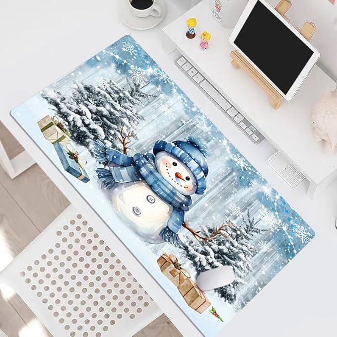 HVEST Cute Christmas Gaming Mouse Pad for Desk, Xmas Tree Snowman Snowflake Desk Mat XL,Large Keyboard and Mouse Pad with Non-Slip Rubber Base and Stitched Edge for Game, Office, Home 31.5'' x 15.7''