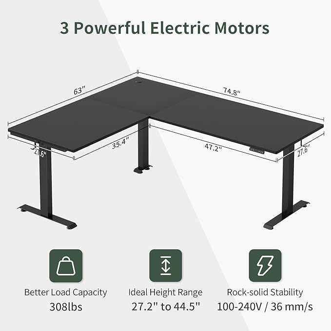 FEZIBO 75 Inches, Supports Over 300lbs, Large L Shaped Standing Desk, Electric Height Adjustable L Shaped Desk, Suitable for Home Office, Black Frame/Black Top