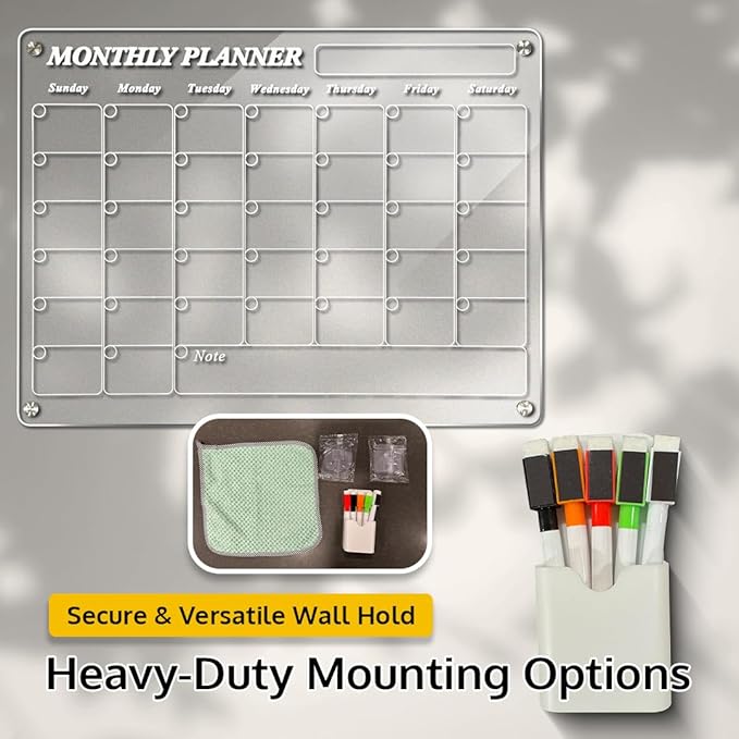 Acrylic Monthly Calendar - Home Organization Board Refrigerator Schedule Planner for Fridge or Wall, Magnetic Calendar for Refrigerator, Dry Erase Whiteboard (17x13 inches)