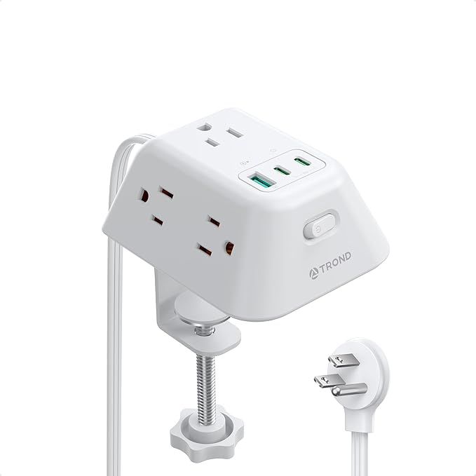TROND Desk Clamp Power Strip with USB C PD 20W, Desktop Charging Station with 5 AC Outlets, 1440J Surge Protector, Fit 1.97in Tabletop Edge Thick, Extension Cord 6ft for Home Office Essentials, White