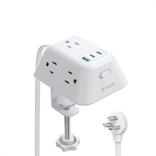 TROND Desk Clamp Power Strip with USB C PD 20W, Desktop Charging Station with 5 AC Outlets, 1440J Surge Protector, Fit 1.97in Tabletop Edge Thick, Extension Cord 6ft for Home Office Essentials, White