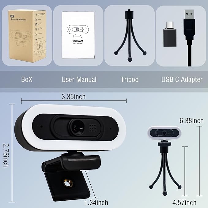 W4 2K Autofocus Webcam with Dual Mics & LED Light, 1080P 60fps/2K 50fps, USB Streaming Camera for PC, Laptop, Switch 2, Desktop - Plug and Play