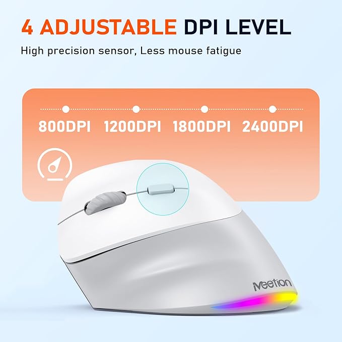 MEETION Left-Handed Mouse, Ergonomic Mouse Wireless Vertical Mouse, RGB Mice for Bluetooth(5.2 + 3.0) & USB-A with Type-c Adapter 4 Adjustable DPI for Mac/Windows/PC/Tablet/iPad Gray