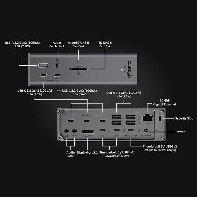 CalDigit TS5 Plus - Thunderbolt 5 Dock - 20 Port,10GbE, 140W Dedicated Host Charging, Thunderbolt 5 x3, USB 10Gb/s x10, Dual USB Controllers, Up to Dual 8K 60Hz Displays, 1.0m Braided Cable, 330W PSU