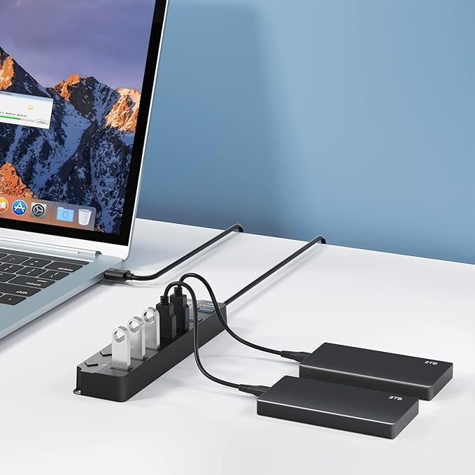 USB Hub 3.0, 7-Port USB Hub Splitter with Individual On/Off Switches and Lights, 3.2ft/1m Long Cable Compatible with MacBook, Laptop, Surface Pro, PS4, PC, Flash Drive, Mobile HDD
