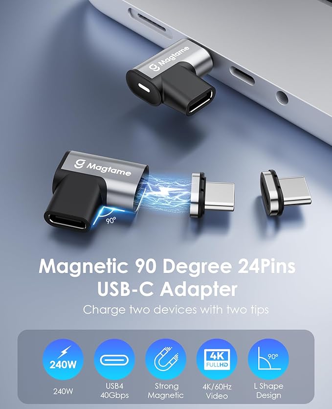 Magtame 240W Magnetic USB C 90 Degree Adapter, 1Pack Right Angle Type C Adapters with 2 Tips, 24Pin Fast Charge 40Gbps 4K 60Hz for USB 3/4 MacOS Pro/Air Laptop Tablet iPhone 15 16 Pro/Max