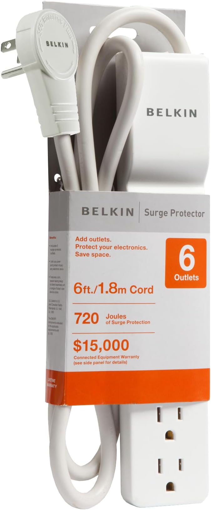Belkin 6-Outlet SlimLine Power Strip Surge Protector, 6ft Cord and Rotating Plug, 700 Joules, White