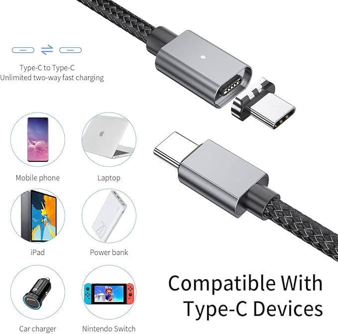 USB C Magnetic Cable (5ft I-Shape), USB2.0 Type C Cord with PD 100W Charge and 480Mbps Data Transfer, Compatible for MacBook Pro/Air iPad Pro and More USB C Devices