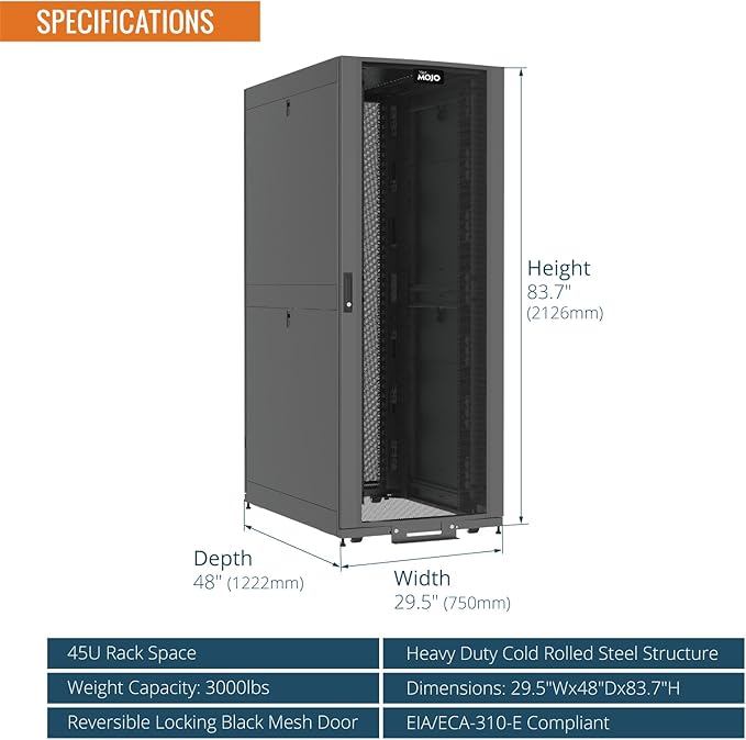 Tecmojo 45U Server Rack Cabinet - PRE-Assembled 30inch Width 48inch Depth IT Network Equipment Cabinet Rack Enclosure with Casters - 3000lbs Weight Capacity,Black