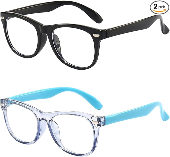 2 Pack kids Blue Light Blocking Glasses For Girls And Boys Computer Blue Light Blocking Glasses For Age 3-11 (Black + Light blue)