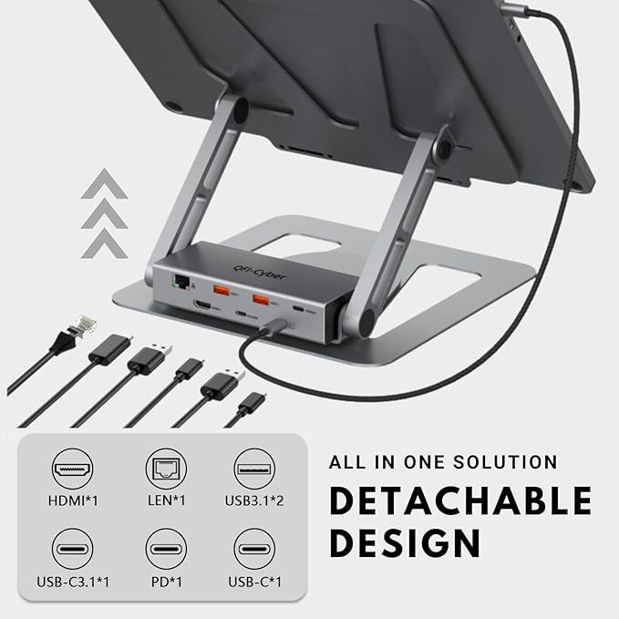 Universal 360° Portable Laptop Docking Station, Adjustable Height w/Detachable USB C Hub, 4K HDMI, USB 3.1, RJ45, 100W PD, Suitable for MacBook Pro/Air/Dell/HP/Surface/Lenovo, Plug and Play