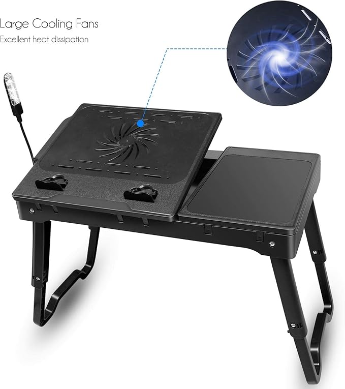 Moclever Laptop Bed Stand – Adjustable Laptop Table with Cooling Fan, Foldable Laptop Desk with USB Hub, LED Light & Storage – Multi-Functional Computer Tray for Bed, Sofa, Home, and Office
