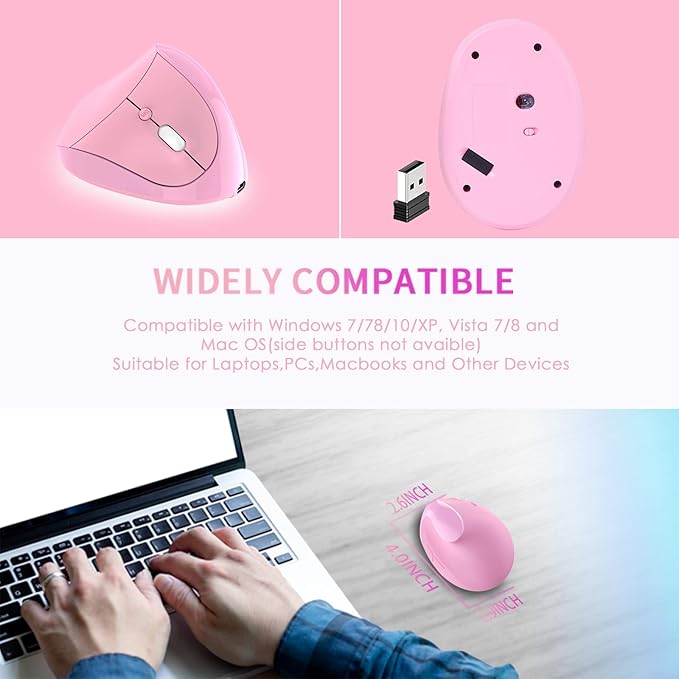 Ergonomic Mouse,Rechargeable Small Vertical Mouse with 6 Buttons Adjustable 800/1200/1600 DPI Pink Wireless Mouse for Laptop Desktop PC Mac